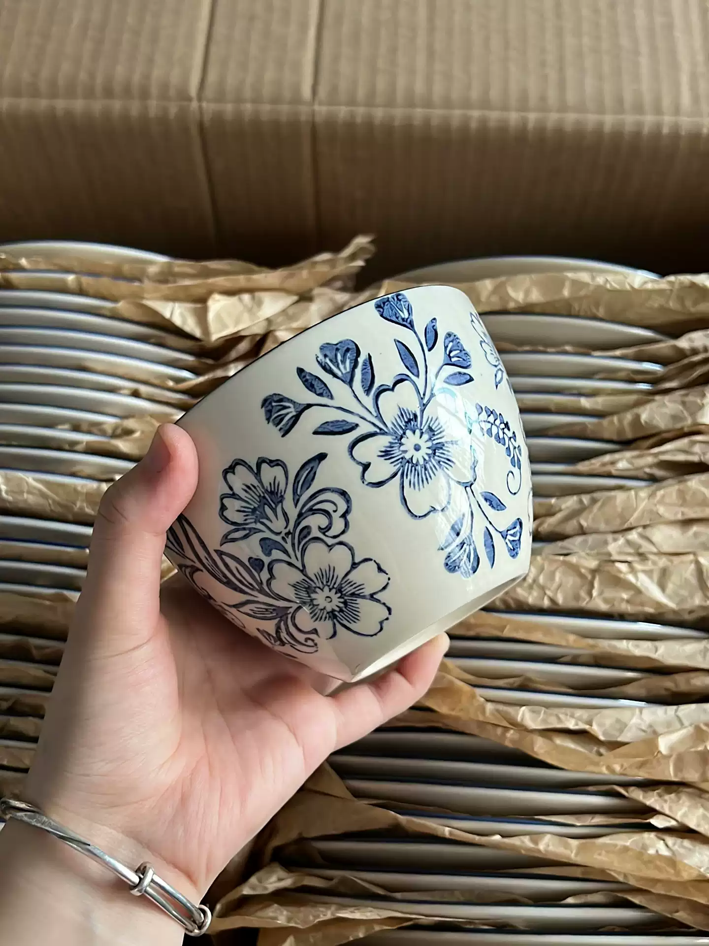 Nordic Blue Floral Ceramic Bowl - Hand-Painted Vintage Tableware