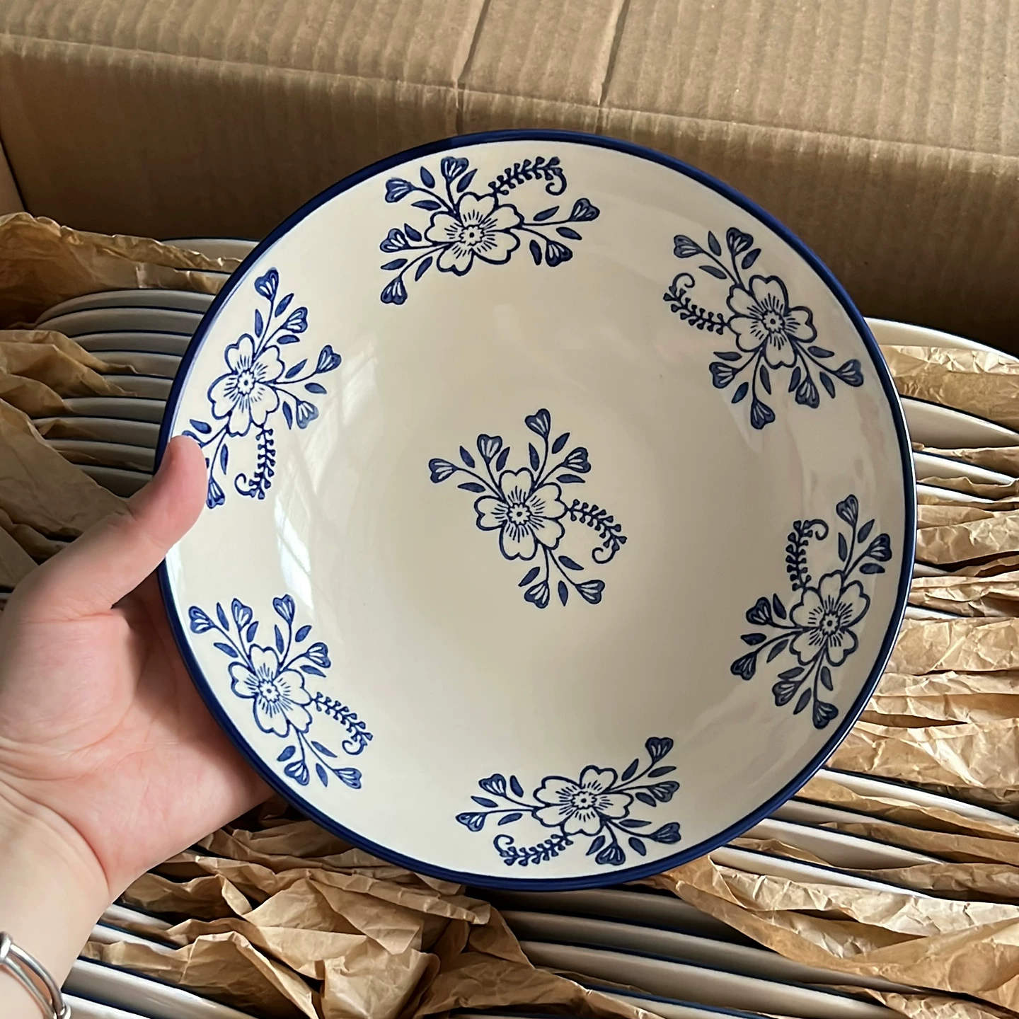 Nordic Blue Floral Ceramic Bowl - Hand-Painted Vintage Tableware