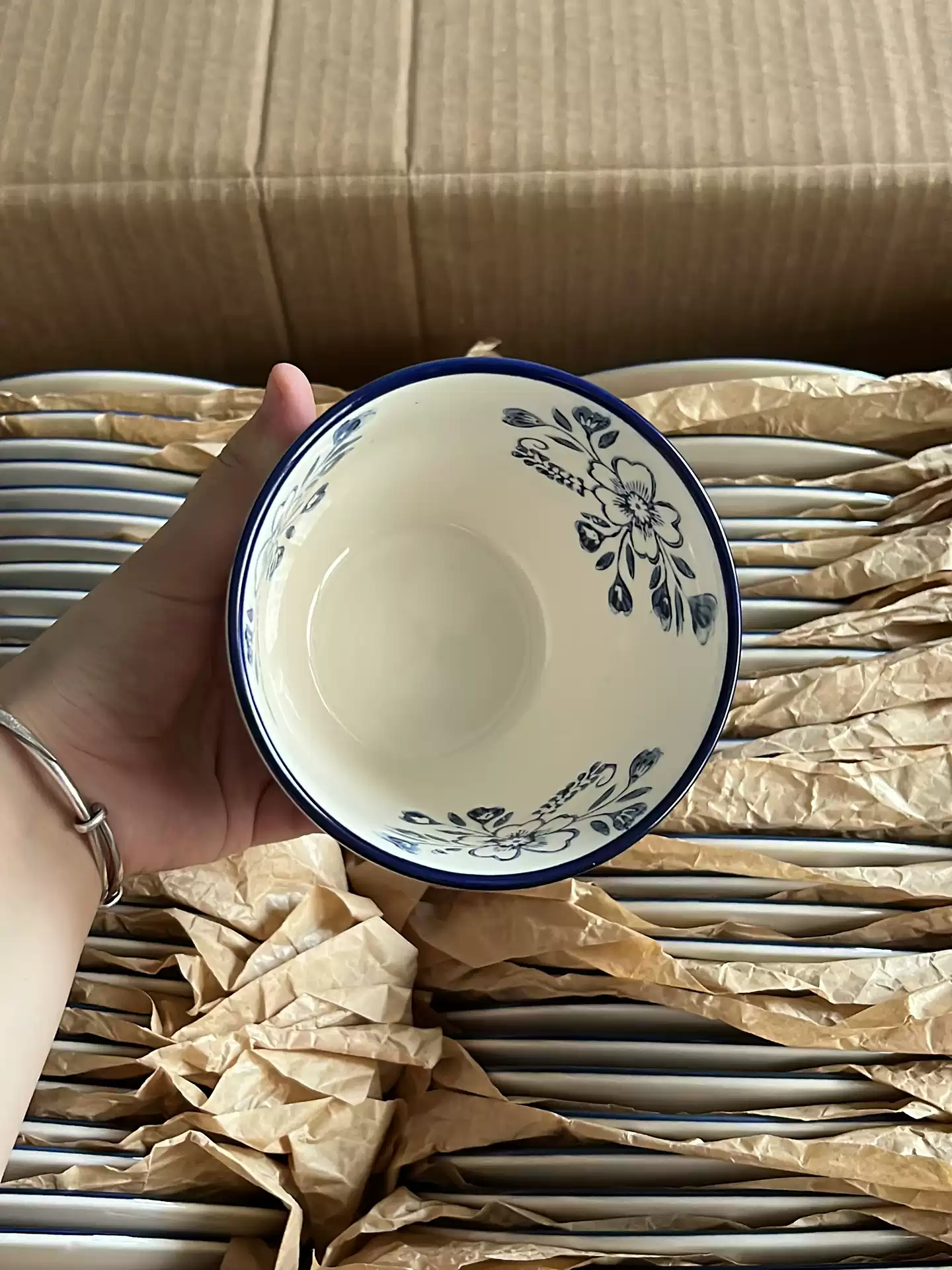 Nordic Blue Floral Ceramic Bowl - Hand-Painted Vintage Tableware